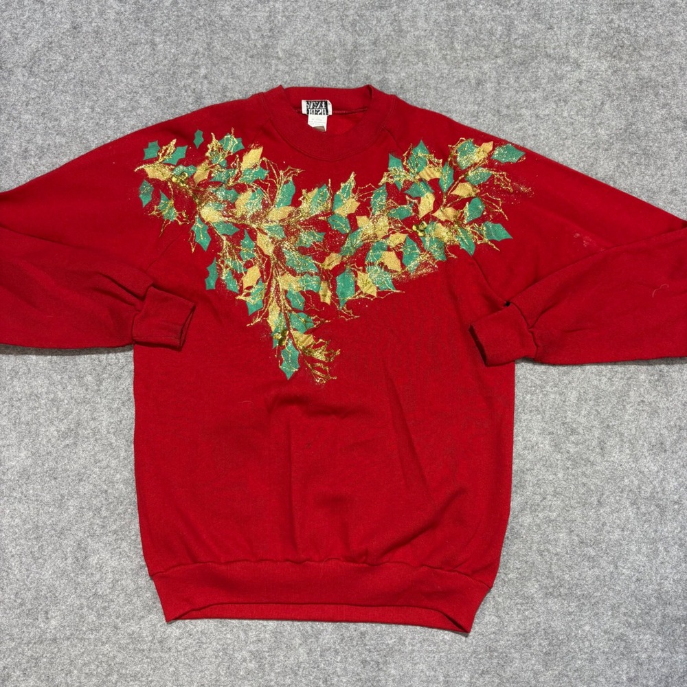 Vintage Fresh Paint Red Christmas Holly Glitter Sweatshirt Raglan Crewneck L